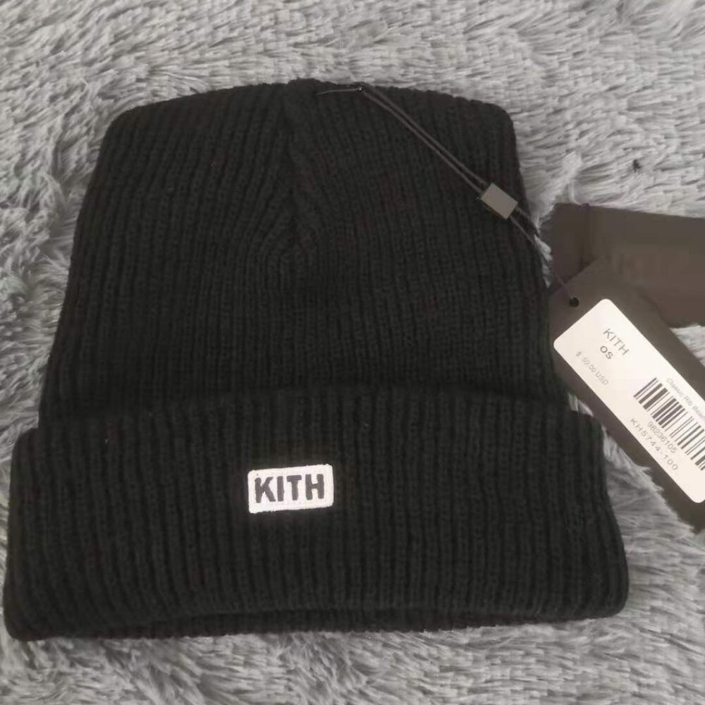 Kith Black Ribbed Knit Beanie with White Logo Patch